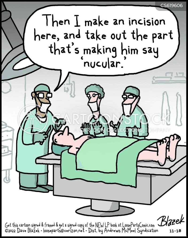 A cartoon of a brain surgery to remove the part that says 'nucular'.